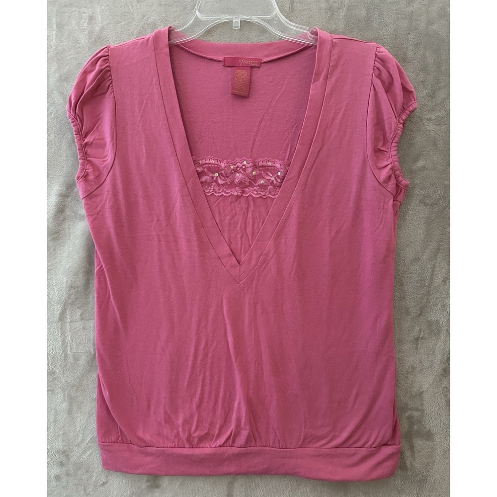 Thalia Sodi Top Womens Large Pink Lace Trim V Neck Short Sleeve Stretch Blouse